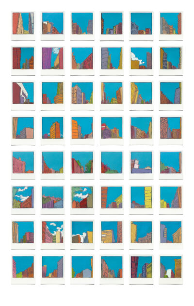 Vertical colourful print of 48 painted Polaroids (at life size) based on Glasgow streets and buildings shown in a grid on a white background.